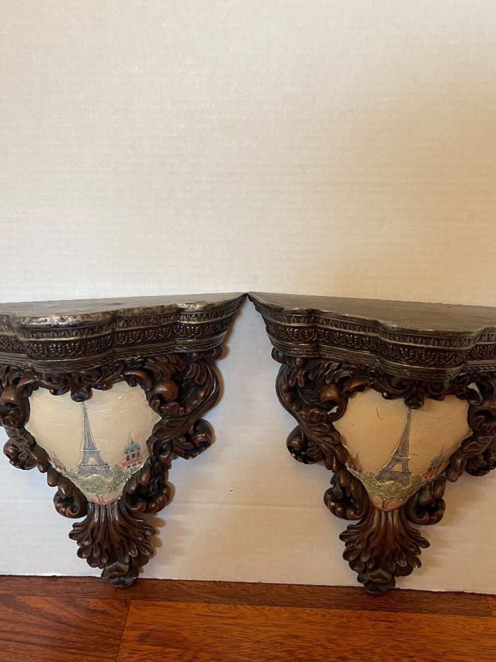 Arister Faux Wood Carved Pair of Hand Painted Paris Eiffel Shelf Sconce Resin